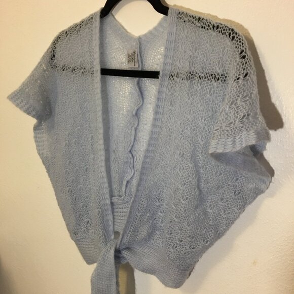 Vintage 50s 60s Wispy Blue Pastel Cropped Tie Front Sweater Dainty Cardigan (IB) - Picture 6 of 9